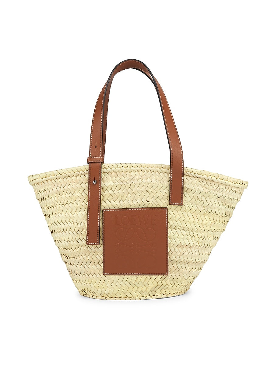 Medium Leather-Trimmed Woven Basket Bag