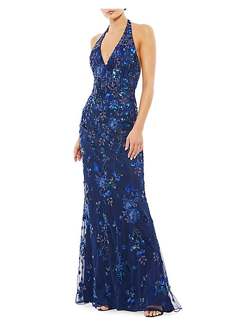 Sequined Blossom Halter Gown
