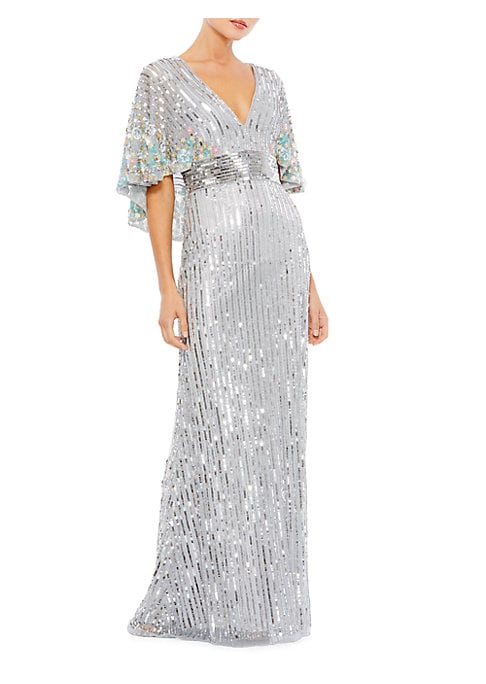 Floral Trim Sequin Gown