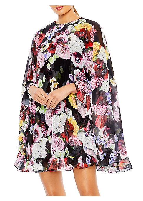 Floral Ruffle Cape Dress