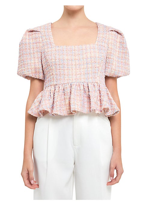 Tweed Puffed Peplum Top