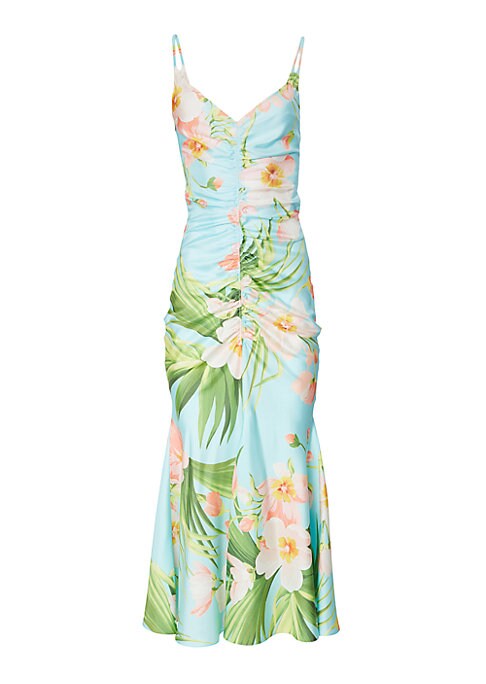 Tropical Ruched Silk Dress