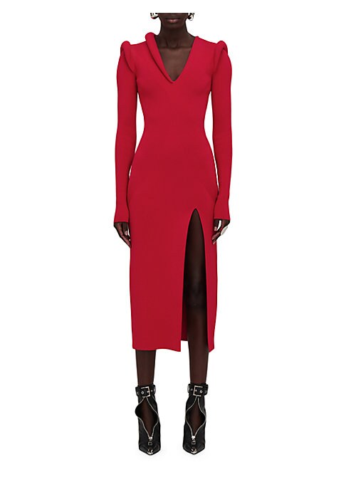 Ribbed V-Neck Slit Dress