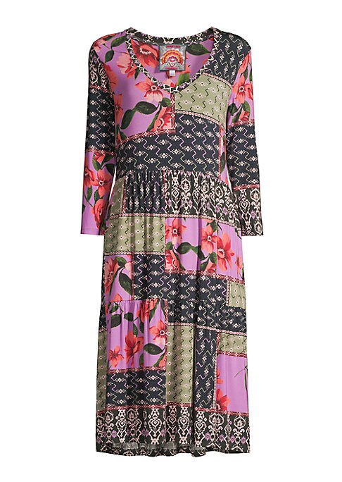 Patchwork V-Neck Midi Dress