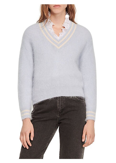 Fuzzy Stripe V-Neck Sweater