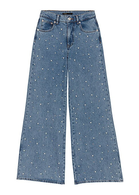 Pearl Embellished Wide-Leg Denim