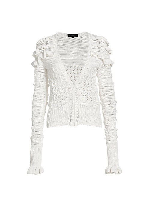 Ruffled Crochet V-Neck Sweater