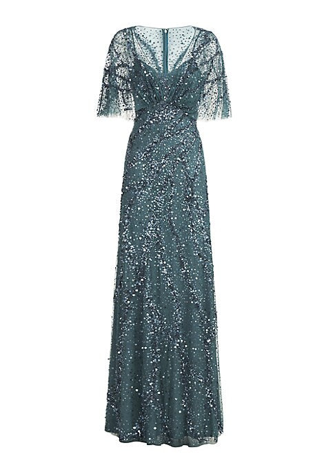 Sequined Sheer Cape Gown
