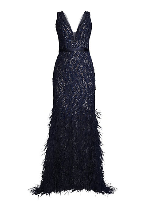 Plunge Feather Mermaid Gown