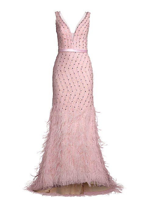 Feathered V-Neck Mermaid Dress