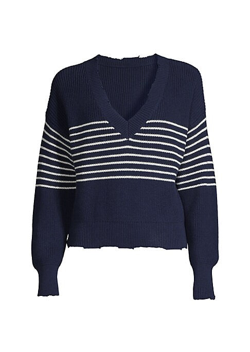 Distressed V-Neck Stripe Sweater