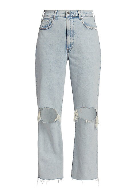 Pearl-Detail Distressed Denim