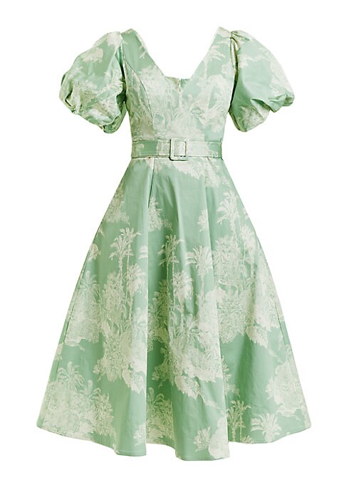 Tropical Puff-Sleeve Midi Dress
