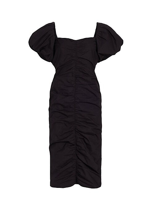 Puff-Sleeve Ruched Midi Dress