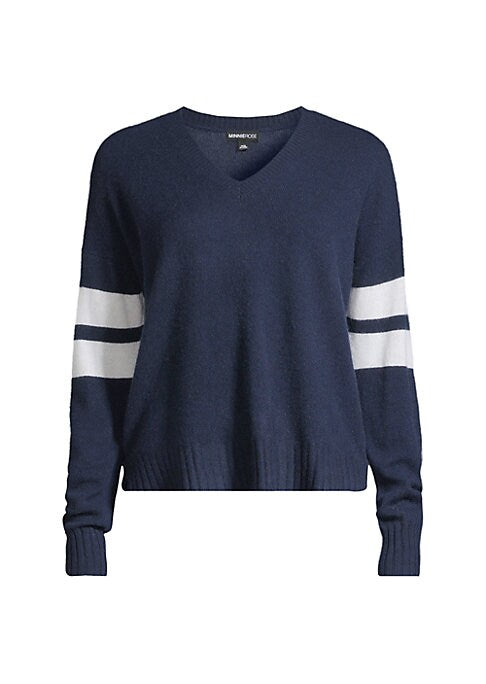 Striped Sleeve Cashmere V-neck