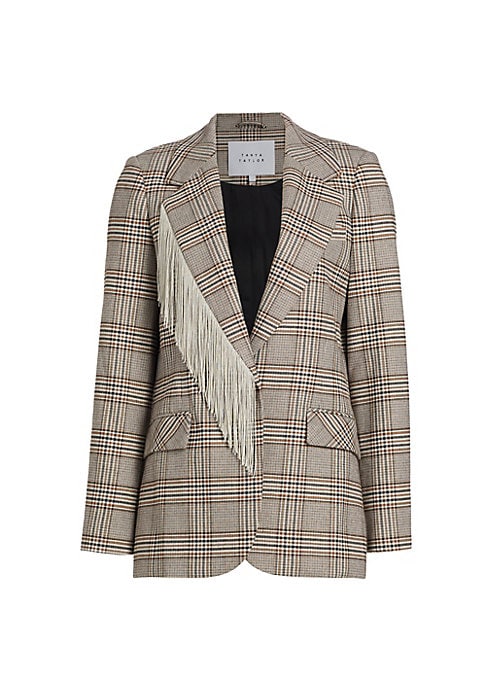 Fringe-Trimmed Plaid Blazer