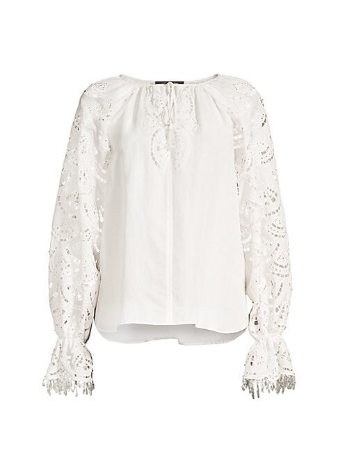 Embroidered Tie-Neck Top