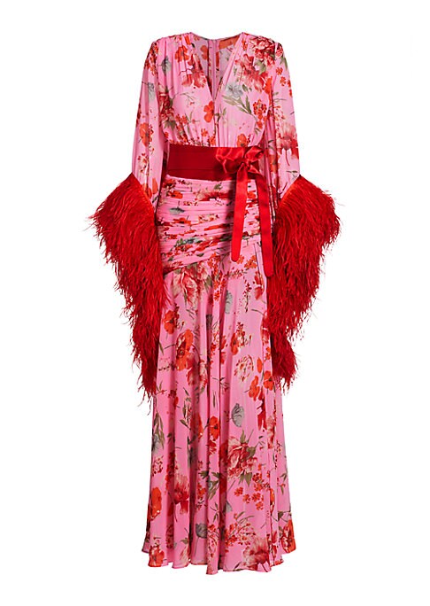 Feathered Floral Chiffon Dress