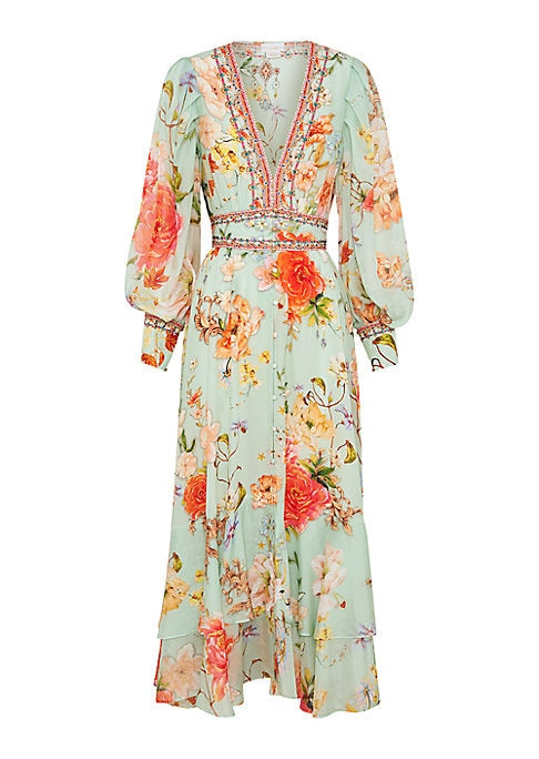 Floral V-Neck Silk Dress